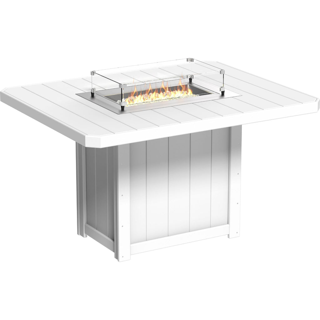 A white outdoor fire pit table with a square slatted top, a built-in firebox with visible flames, and a clear glass wind guard, shown on a plain white background.