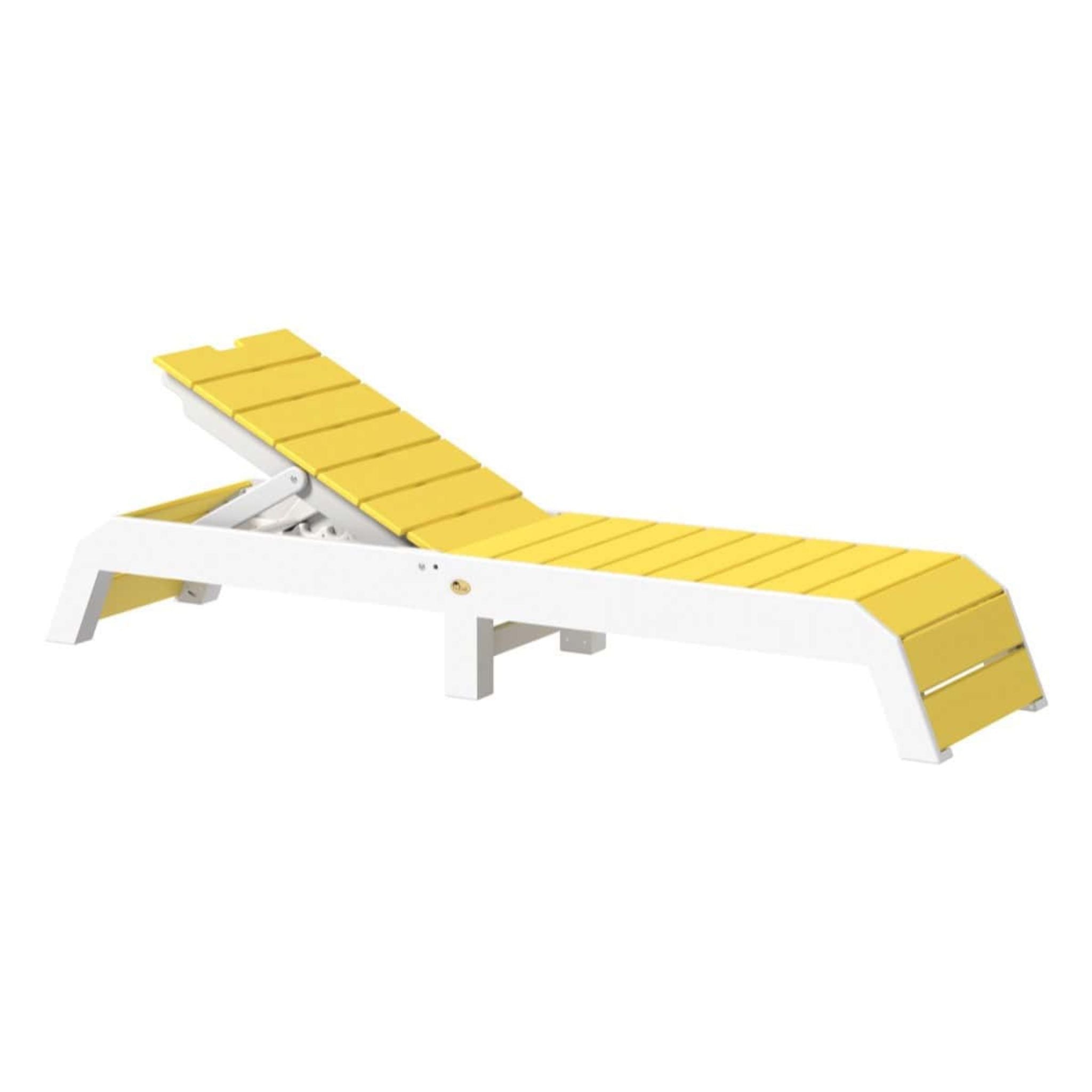 A modern outdoor chaise lounge chair with a white frame and a bright yellow slatted backrest and seat, shown on a plain white background.