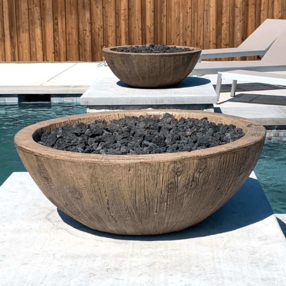 The Outdoor Plus Sedona 27" Wood Grain Concrete Round Fire Bowl | 12V Electronic Ignition