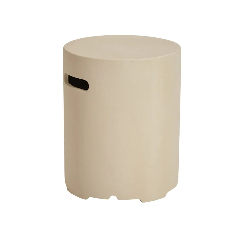 A minimalist cylindrical stool in a light beige finish, featuring a small black rectangular cutout on the side, set against a plain white background.