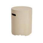 A minimalist cylindrical stool in a light beige finish, featuring a small black rectangular cutout on the side, set against a plain white background.