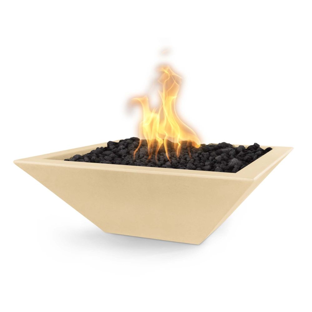 Beige fire pit with flames on a white background