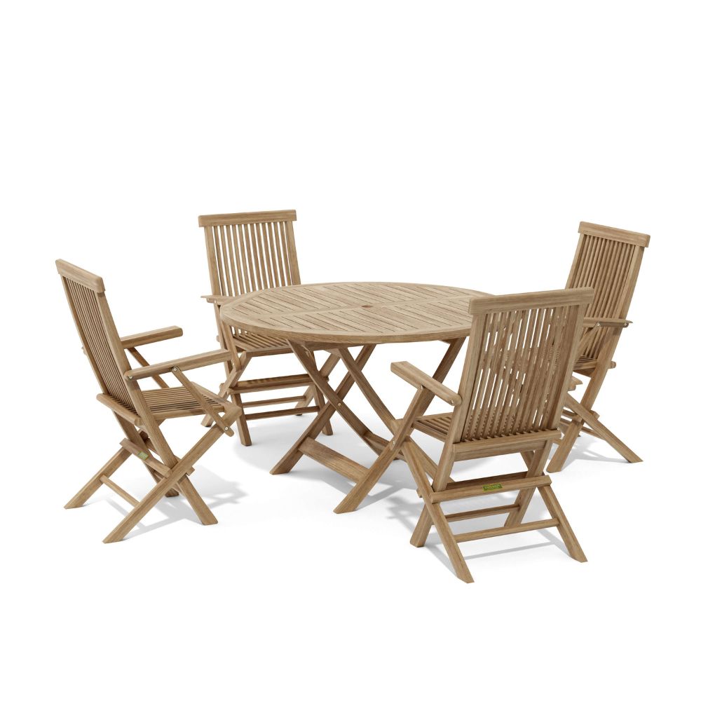 Wooden outdoor table and chairs set on a white background