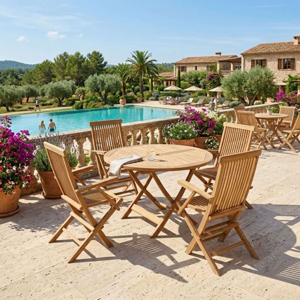 Wooden outdoor furniture set by a pool with a scenic background