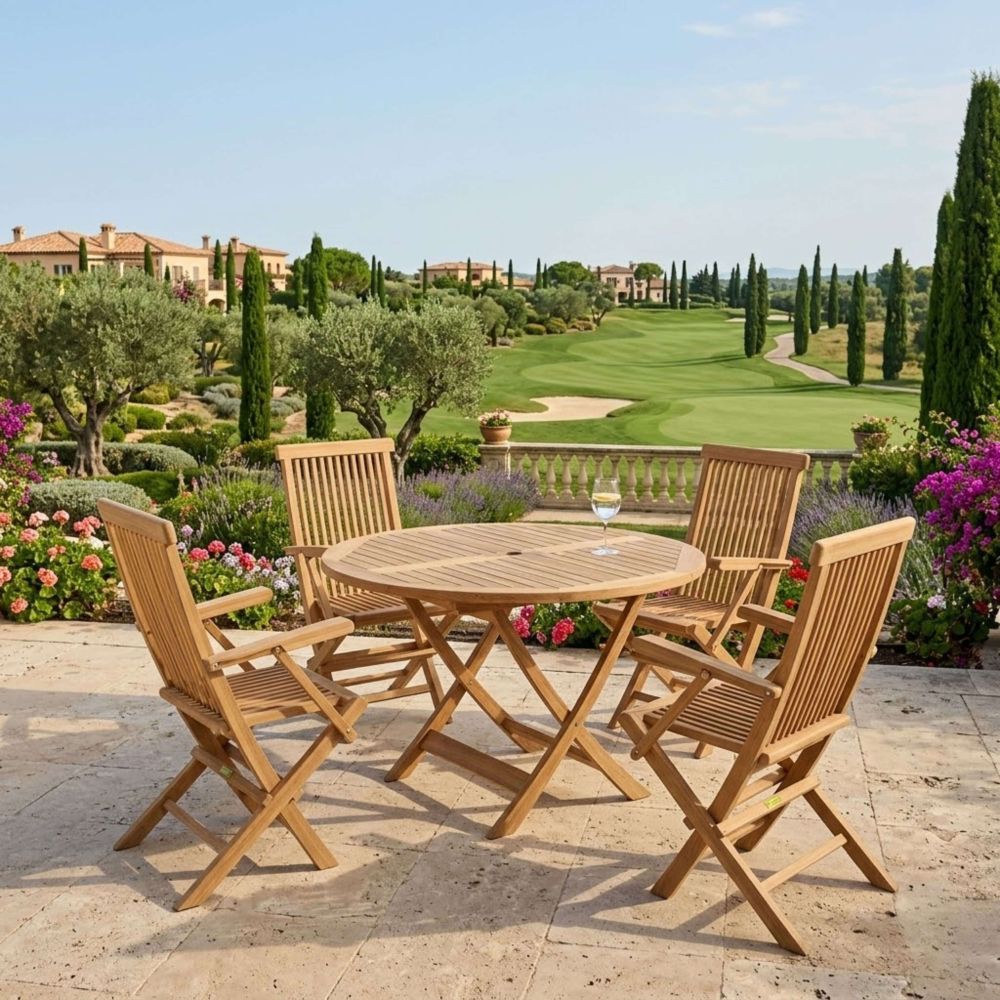 Wooden outdoor dining set with chairs and a table on a patio with a scenic background.