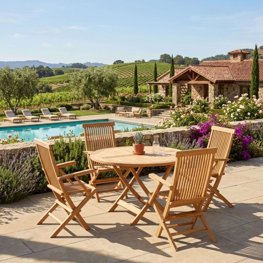 A round wooden outdoor dining table with four matching slatted folding chairs on a stone patio, set beside a swimming pool with a villa, vineyard, and hills in the background.