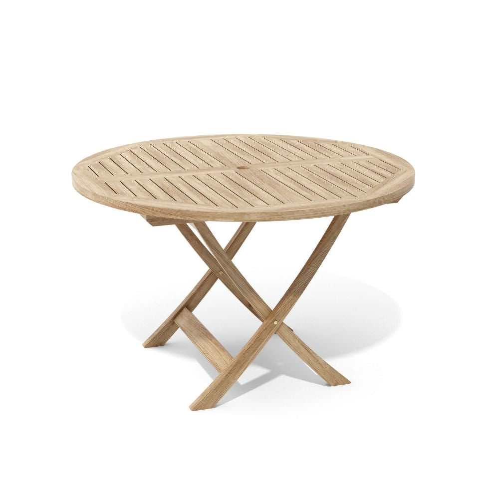 A round outdoor folding table made of light natural wood slats on a white background.