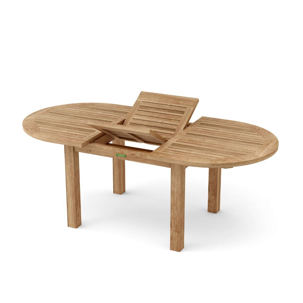 Wooden outdoor table with extendable leaves on a white background