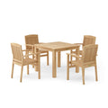 Wooden outdoor table with four matching chairs on a white background