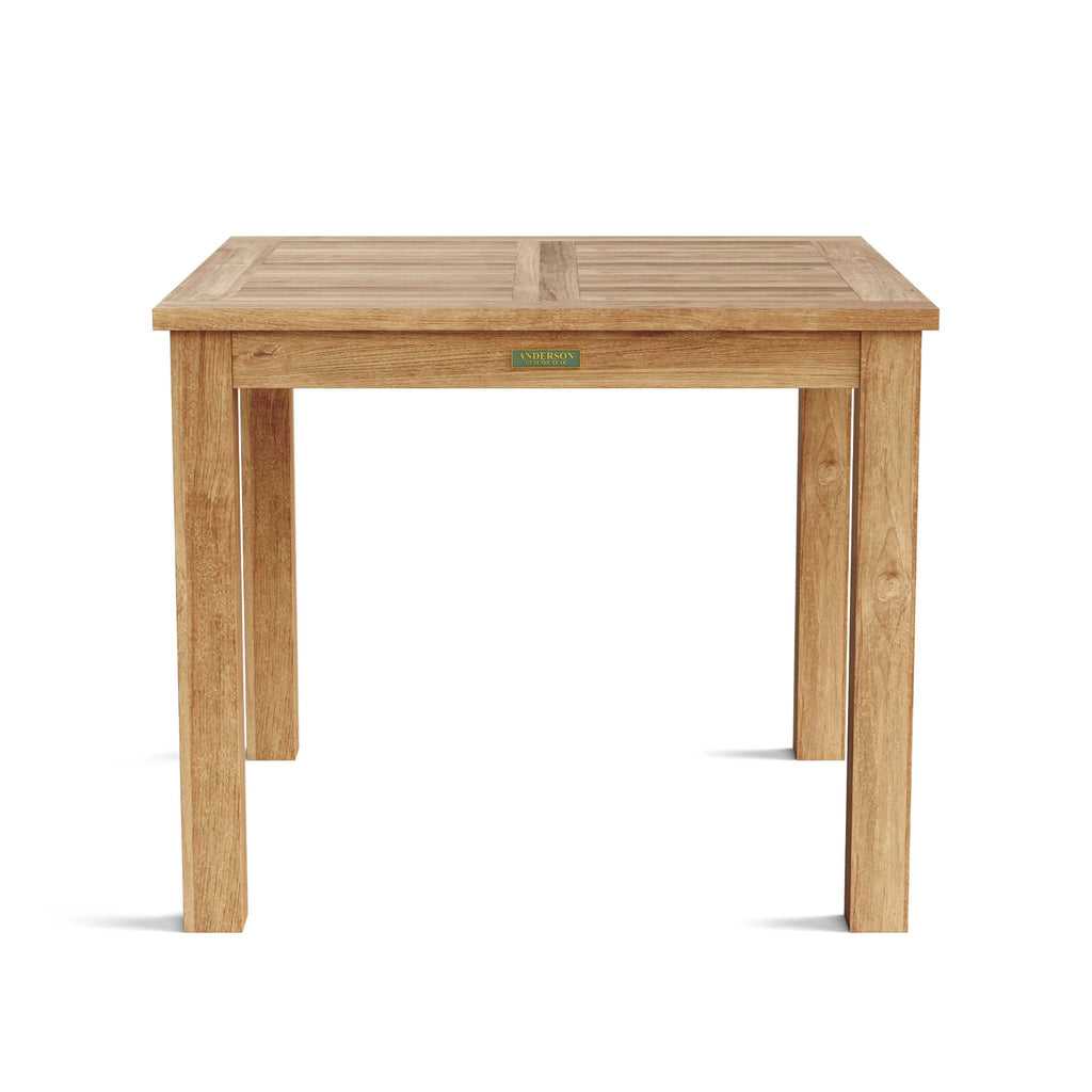 Wooden table with a visible brand logo on a white background