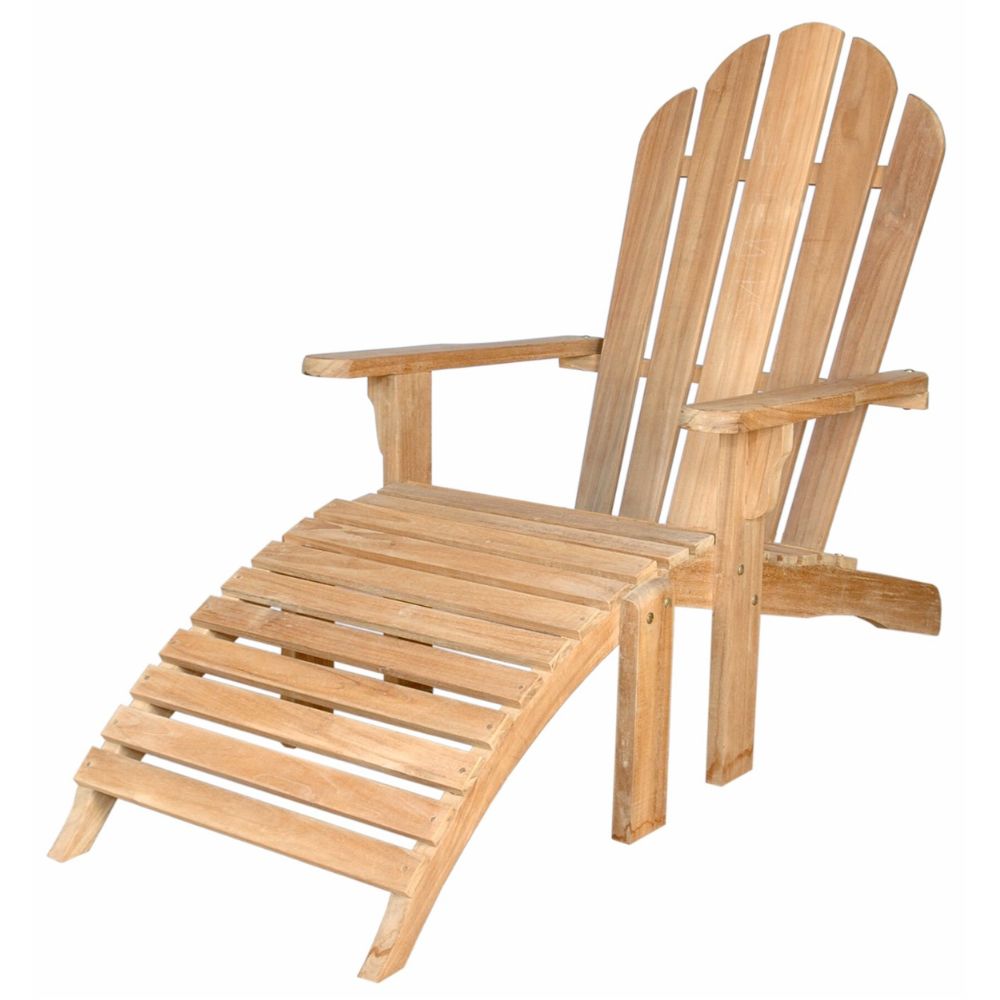 A natural wood Adirondack-style lounge chair with an attached curved footrest, shown on a plain white background.