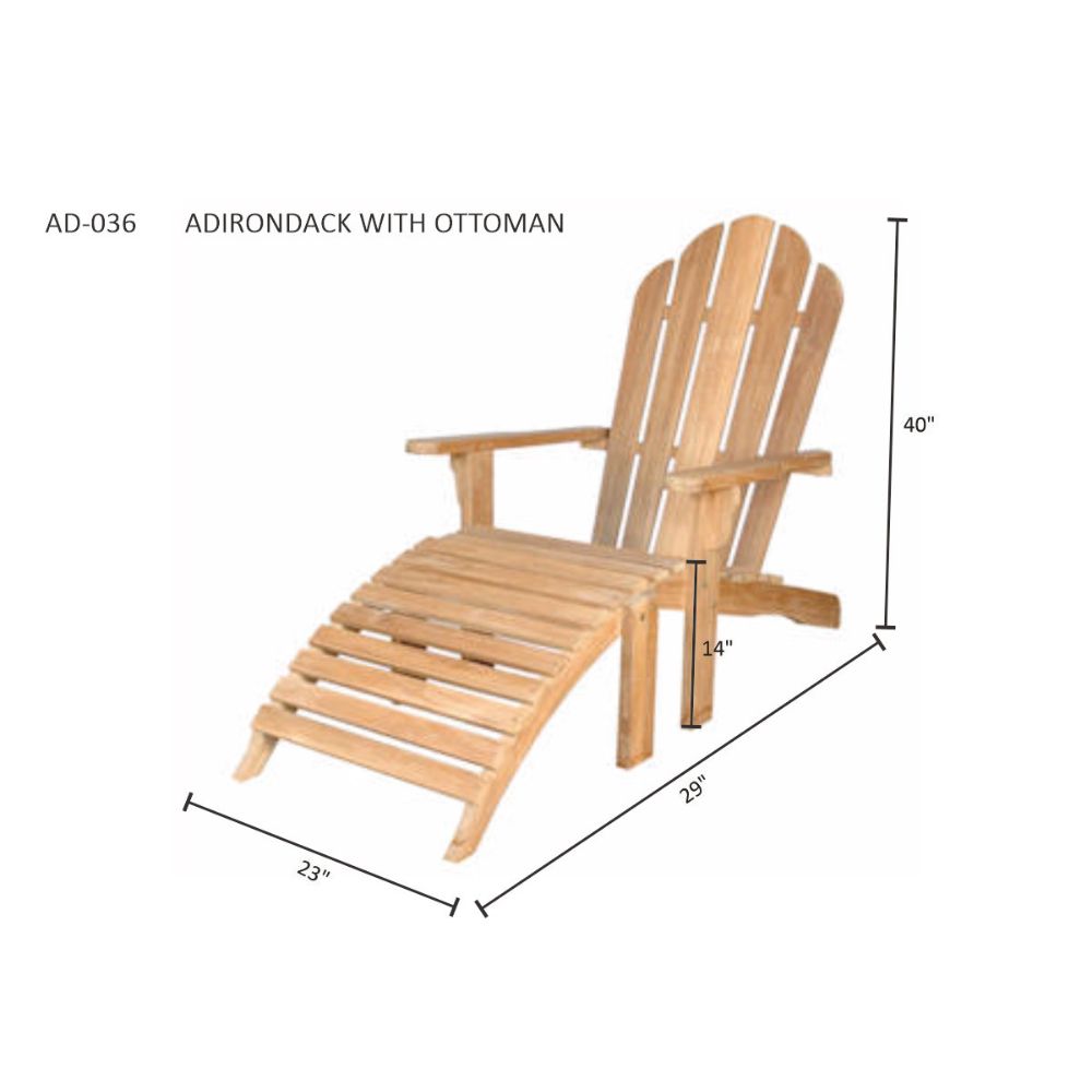 A wooden Adirondack chair with an attached ottoman shown on a white background with dimension lines and text indicating measurements: 40 inches height, 29 inches width, and 23 inches depth.
