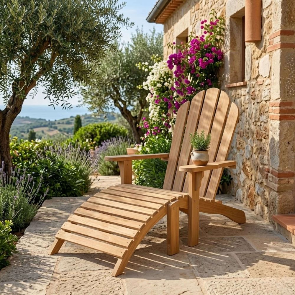 Wooden Adirondack chair on a stone patio with a scenic background