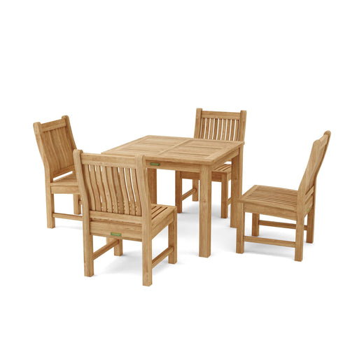 Wooden dining set with a table and four chairs on a white background