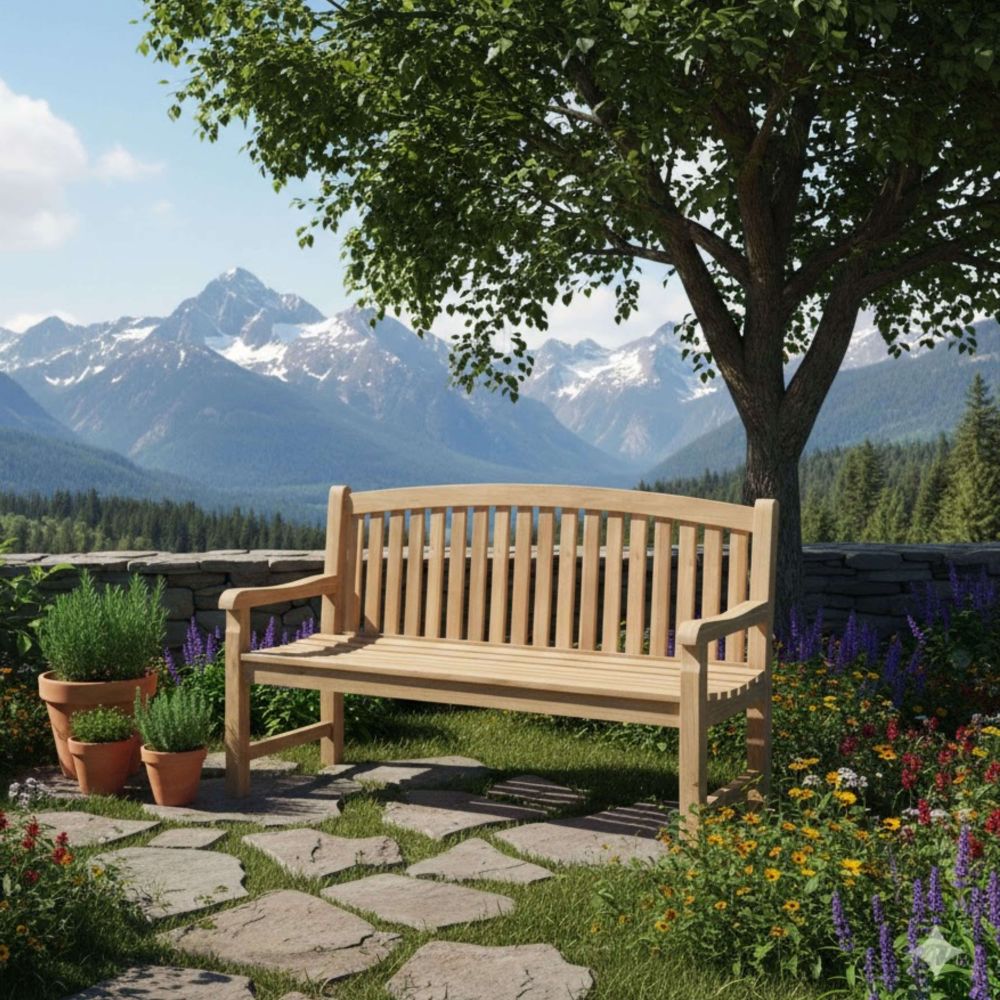 Wooden bench in a garden with mountains in the background