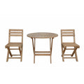 Three-piece outdoor patio furniture set featuring a round slatted table and two folding chairs in a natural light brown wood finish, shown against a plain white background.