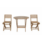 Three-piece outdoor patio furniture set featuring a round slatted table and two folding chairs in a natural light brown wood finish, shown against a plain white background.