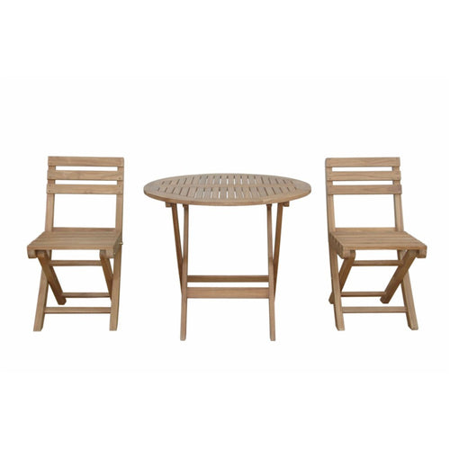 Three-piece outdoor patio furniture set featuring a round slatted table and two folding chairs in a natural light brown wood finish, shown against a plain white background.