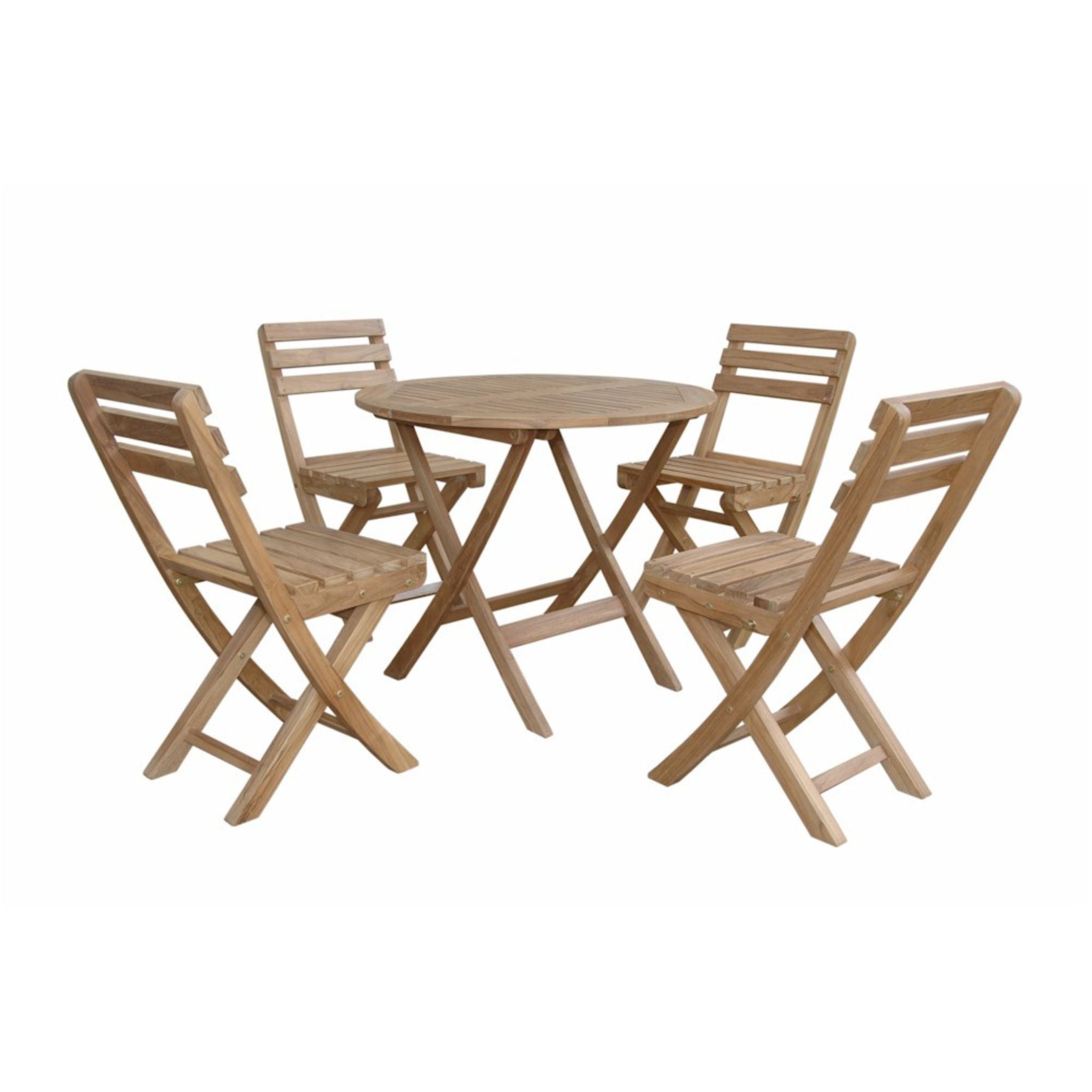 Wooden outdoor table and four chairs on a white background