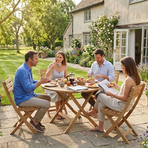 Two couples sitting at a wooden table outdoors, enjoying a meal and conversation.
