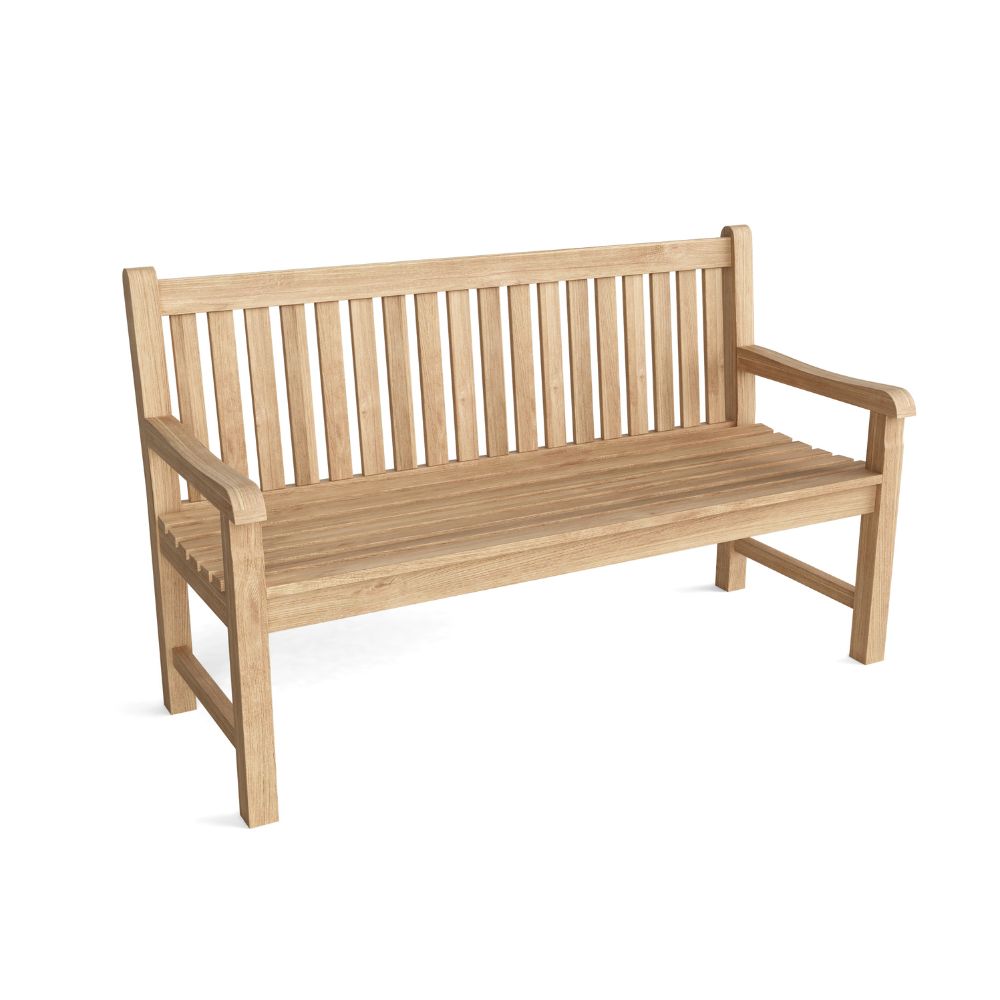 A natural teak wooden garden bench with a slatted backrest and armrests, shown at a three-quarter angle on a white background.