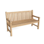 A natural teak wooden garden bench with a slatted backrest and armrests, shown at a three-quarter angle on a white background.