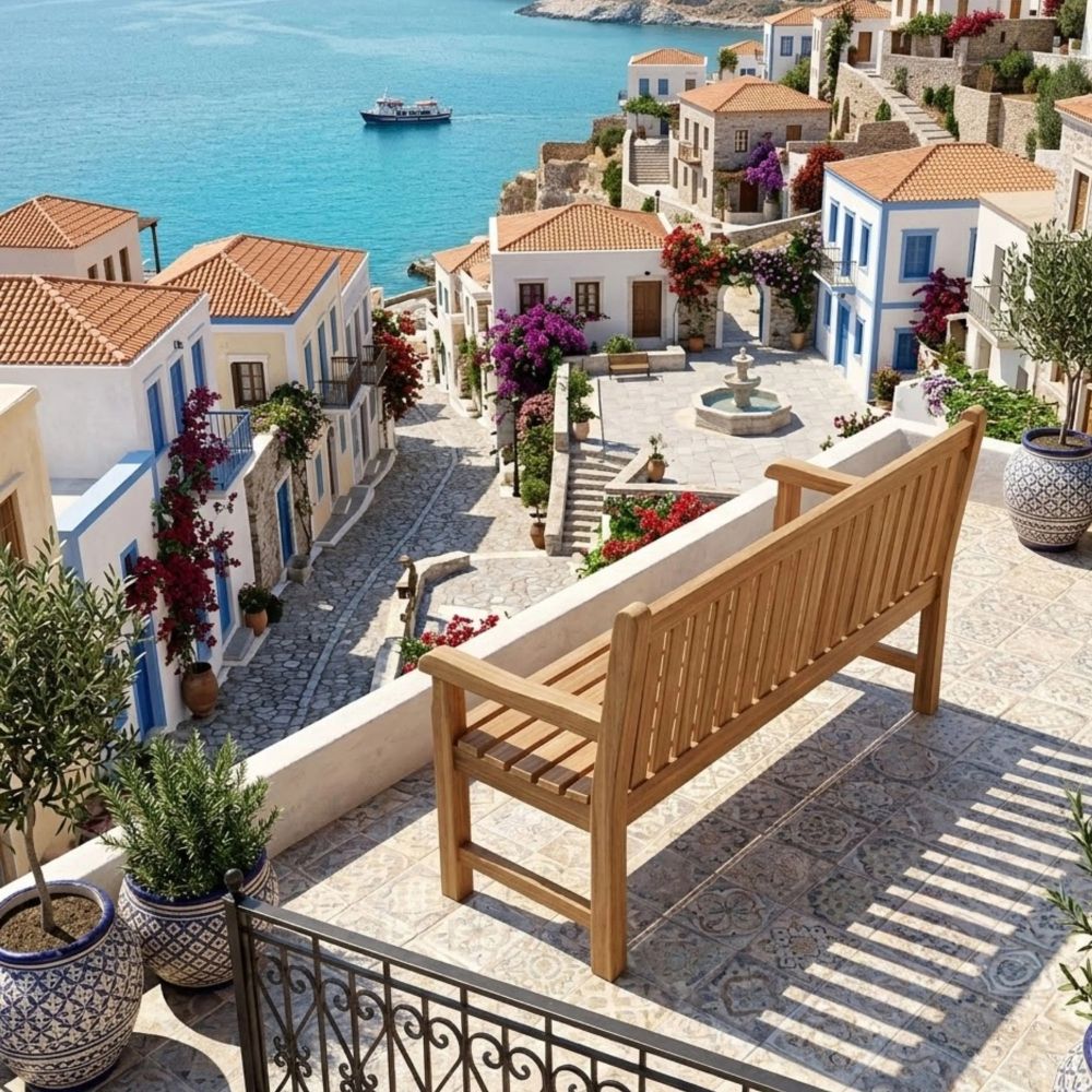 Wooden bench on a balcony overlooking a picturesque coastal town with blue water and white buildings.