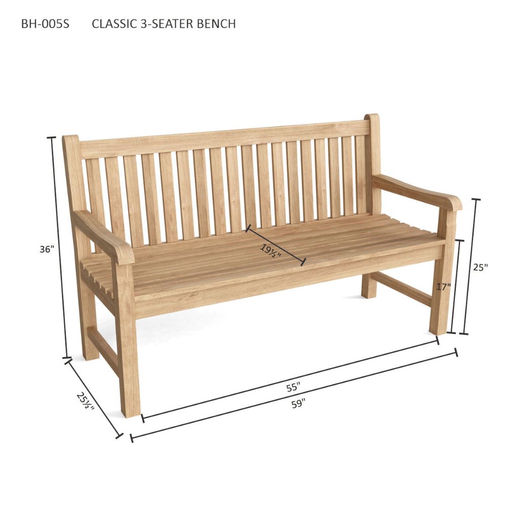 A wooden 3-seater garden bench shown on a white background with dimension lines and measurements for length, height, and armrest depth. Text at the top reads 'BH-005S CLASSIC 3-SEATER BENCH'.