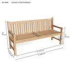 Wooden 4-seater bench with dimensions on a white background