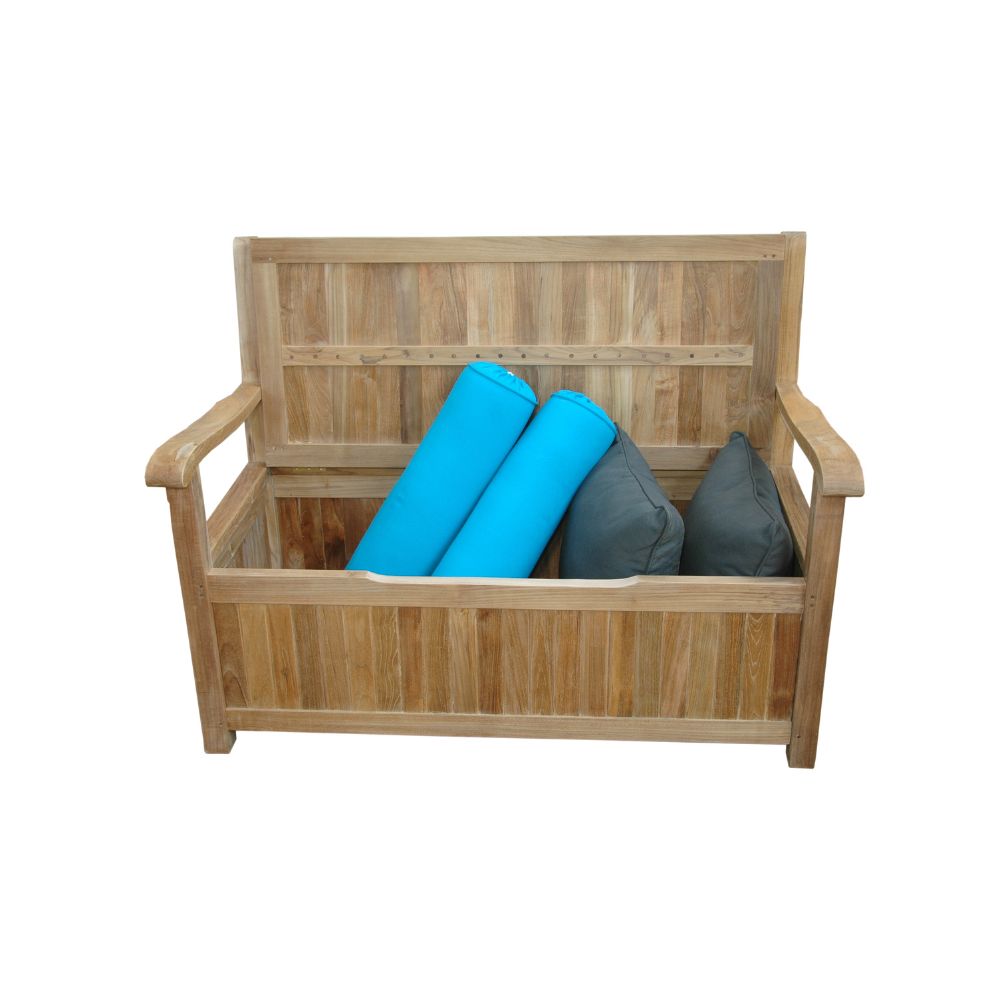 A wooden bench with a slatted back and front, shown on a plain white background. The bench is filled with two bright blue rolled mats and two dark gray cushions.