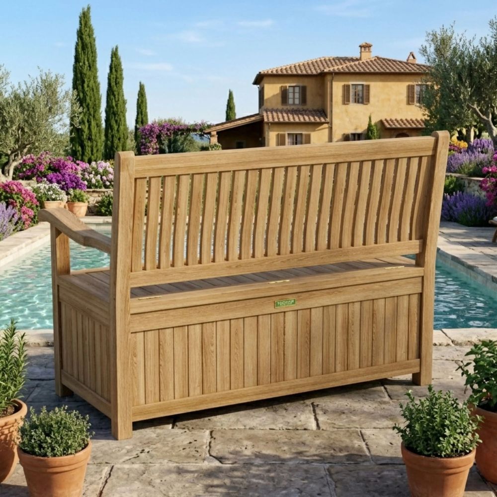 A wooden outdoor bench with a built-in storage compartment underneath, shown in a luxurious backyard setting next to a swimming pool with a villa in the background.