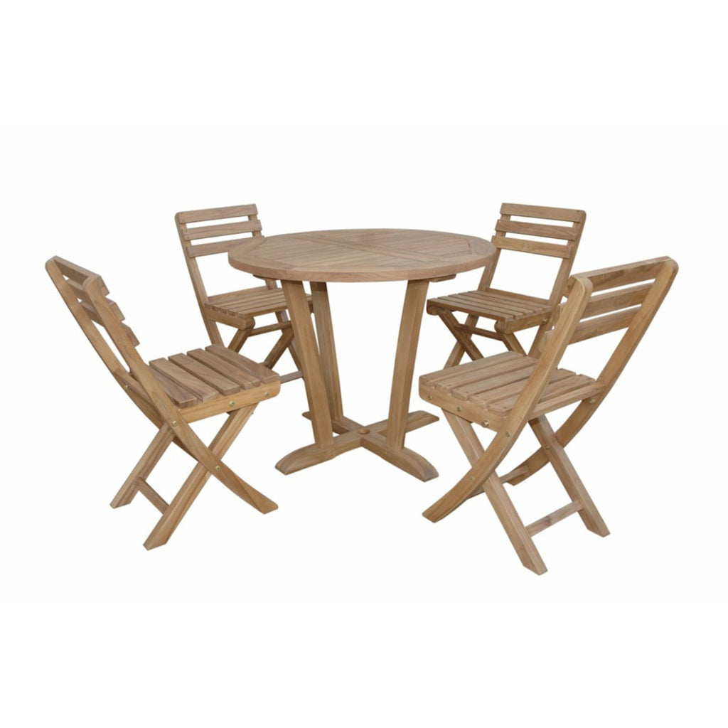 A 5-piece outdoor patio dining set consisting of a round wooden table and four matching folding chairs, shown on a solid white background.