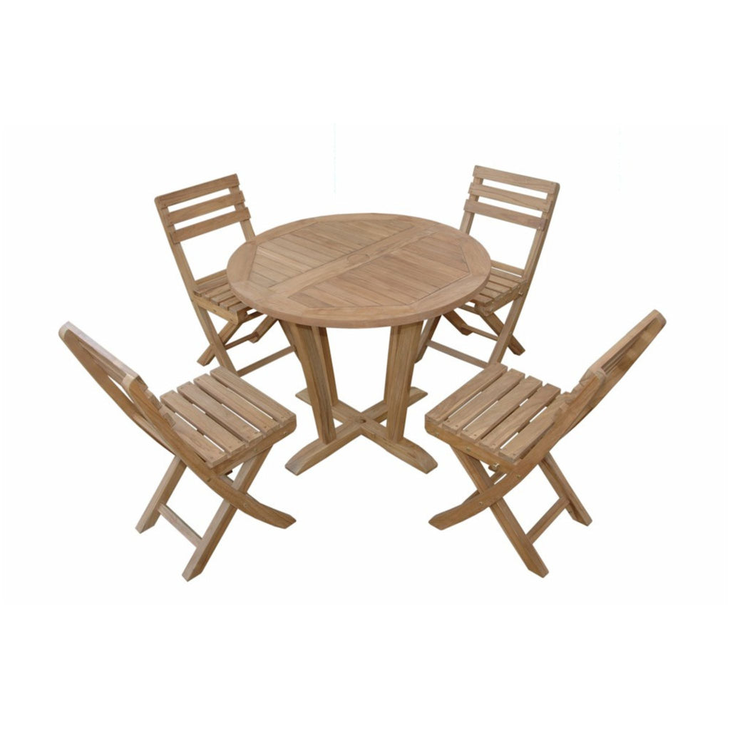 A 5-piece outdoor dining set made of natural teak wood, featuring a round slatted table and four matching folding chairs, shown against a plain white background.