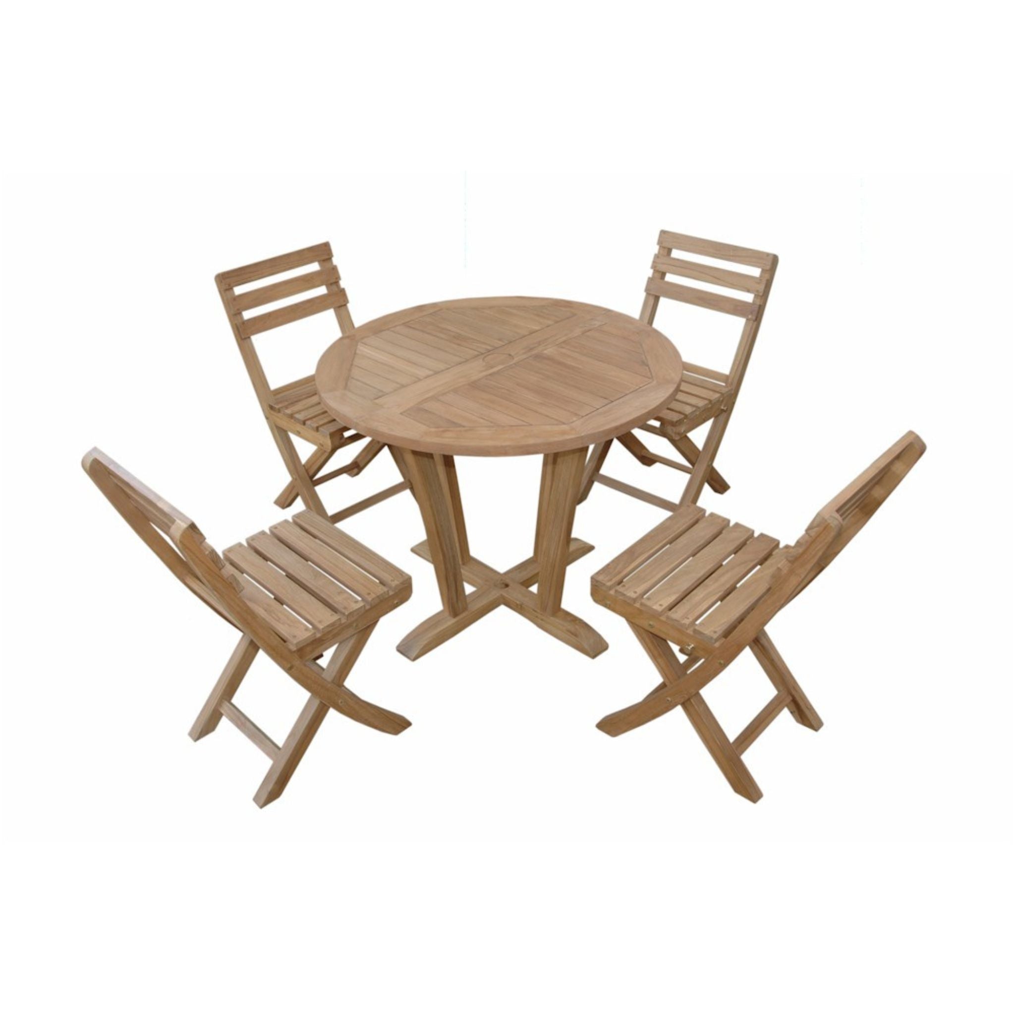 A 5-piece outdoor dining set made of natural teak wood, featuring a round slatted table and four matching folding chairs, shown against a plain white background.
