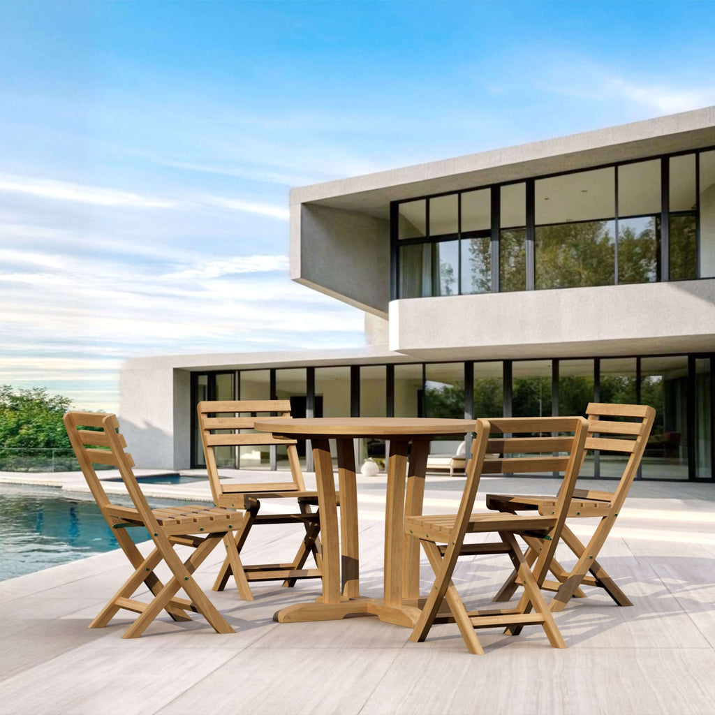 Wooden outdoor dining set with chairs in front of a modern building.