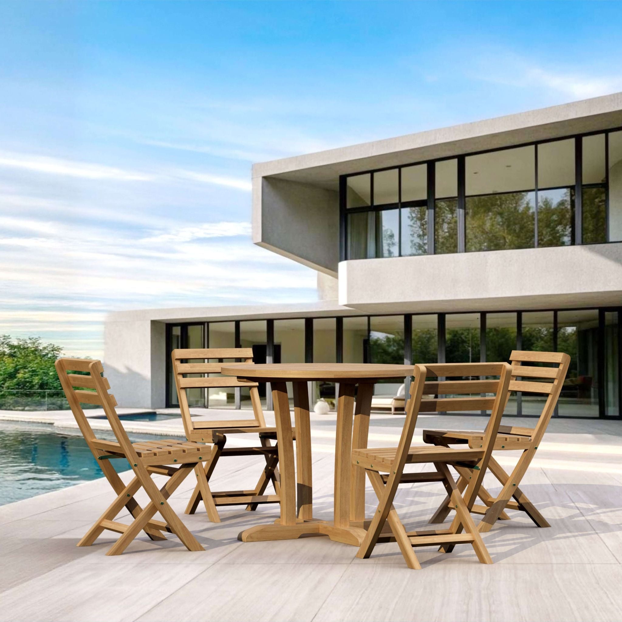 Wooden outdoor dining set with chairs in front of a modern building.