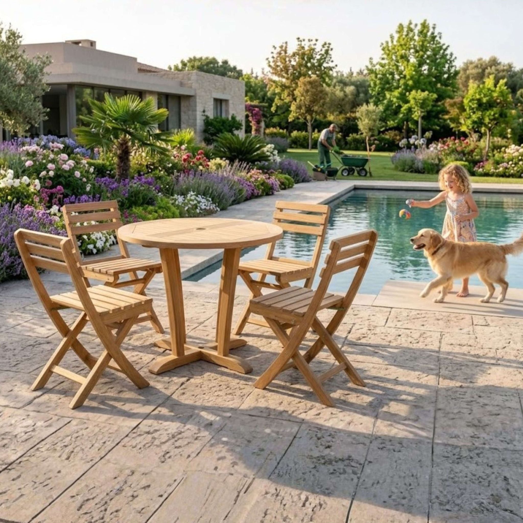 Wooden outdoor furniture set by a pool with a child and dog in a garden.