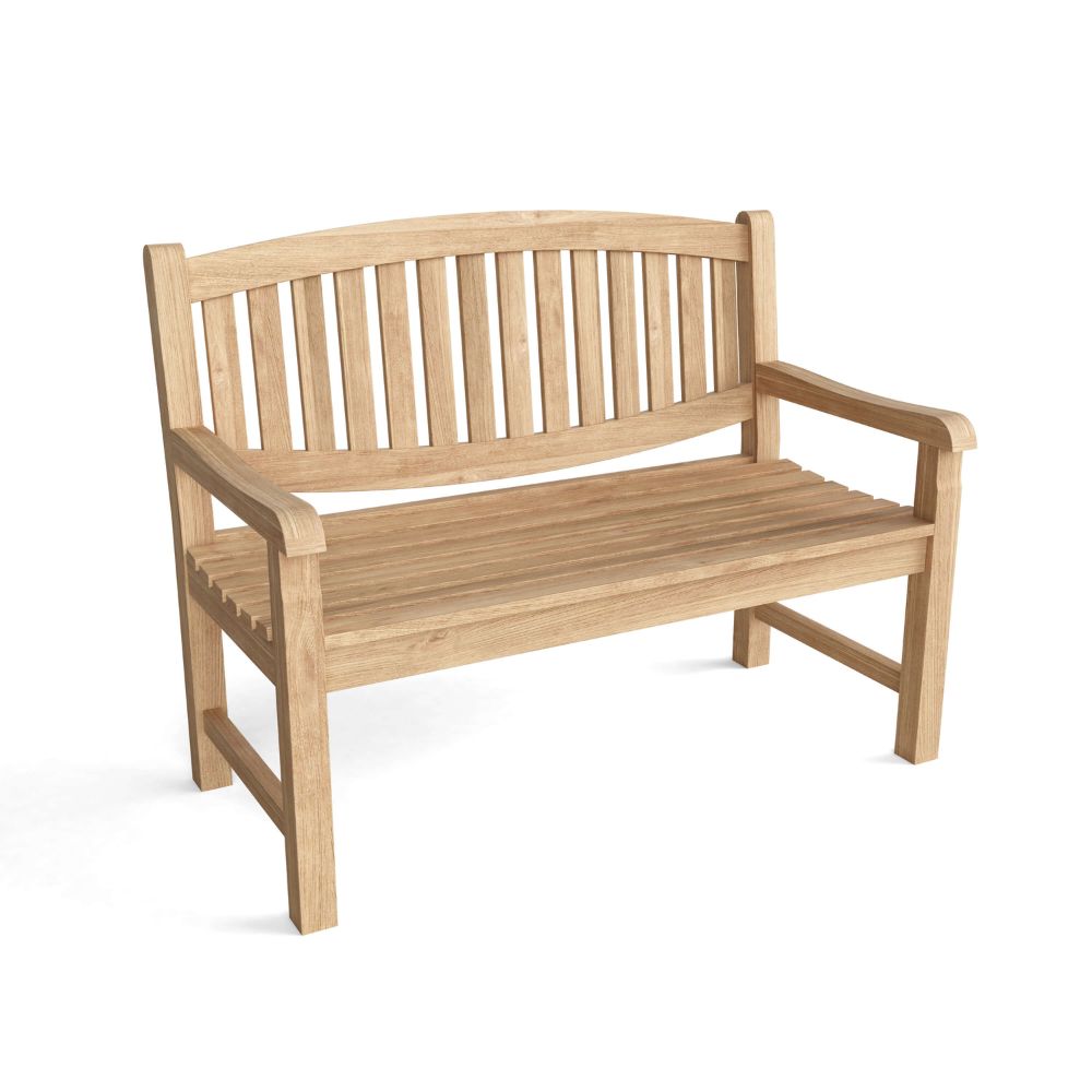 A natural teak wooden garden bench with a slatted backrest and armrests, shown from a three-quarter angle on a white background.