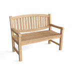 A natural teak wooden garden bench with a slatted backrest and armrests, shown from a three-quarter angle on a white background.