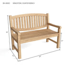 A natural wood 2-seater bench with dimension lines and labels showing its measurements: 35 inches high, 47 inches wide, and 21 inches deep, on a white background.