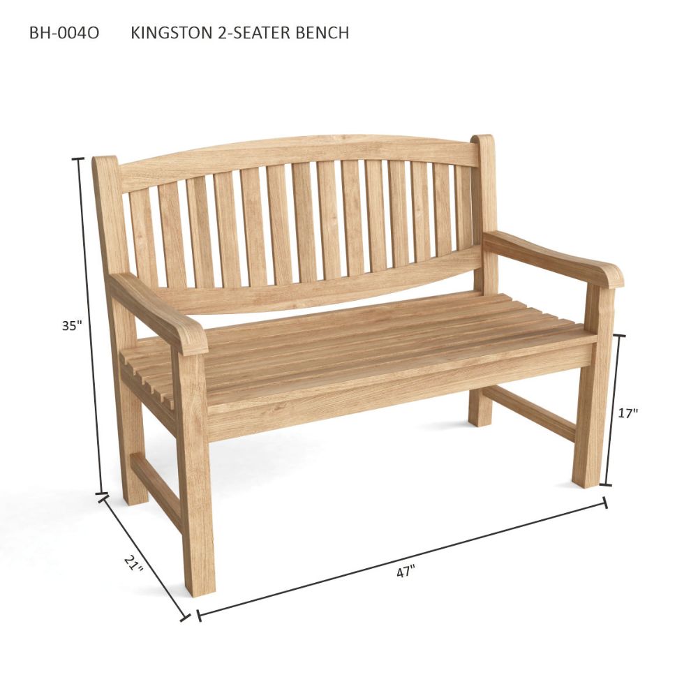 A natural wood 2-seater bench with dimension lines and labels showing its measurements: 35 inches high, 47 inches wide, and 21 inches deep, on a white background.
