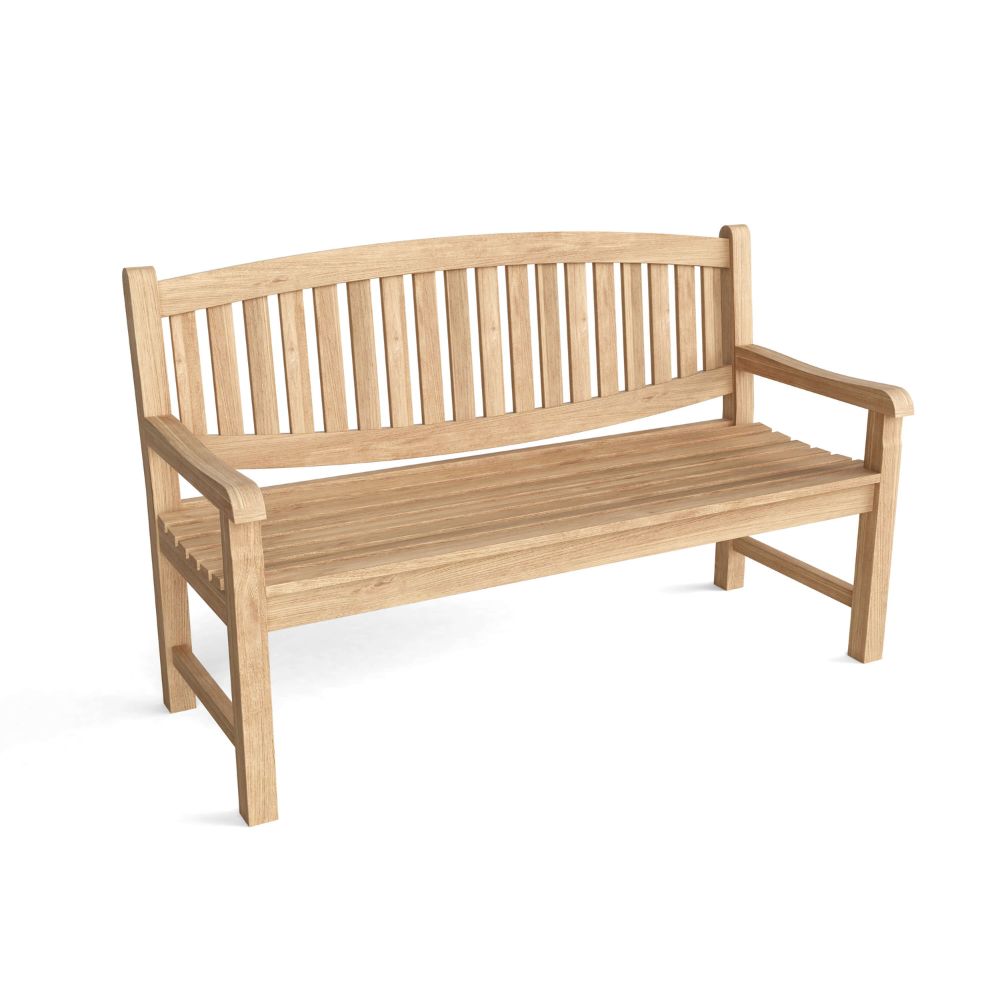 A natural teak wooden garden bench with a curved slatted backrest and armrests, shown at a three-quarter angle on a white background.