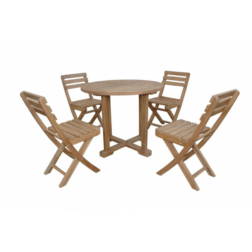 A 5-piece outdoor patio dining set made of natural teak wood, featuring a round table and four folding chairs, shown against a plain white background.