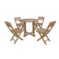 A 5-piece outdoor patio dining set made of natural teak wood, featuring a round table and four folding chairs, shown against a plain white background.