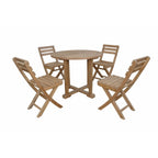 A 5-piece outdoor patio dining set made of natural teak wood, featuring a round table and four folding chairs, shown against a plain white background.