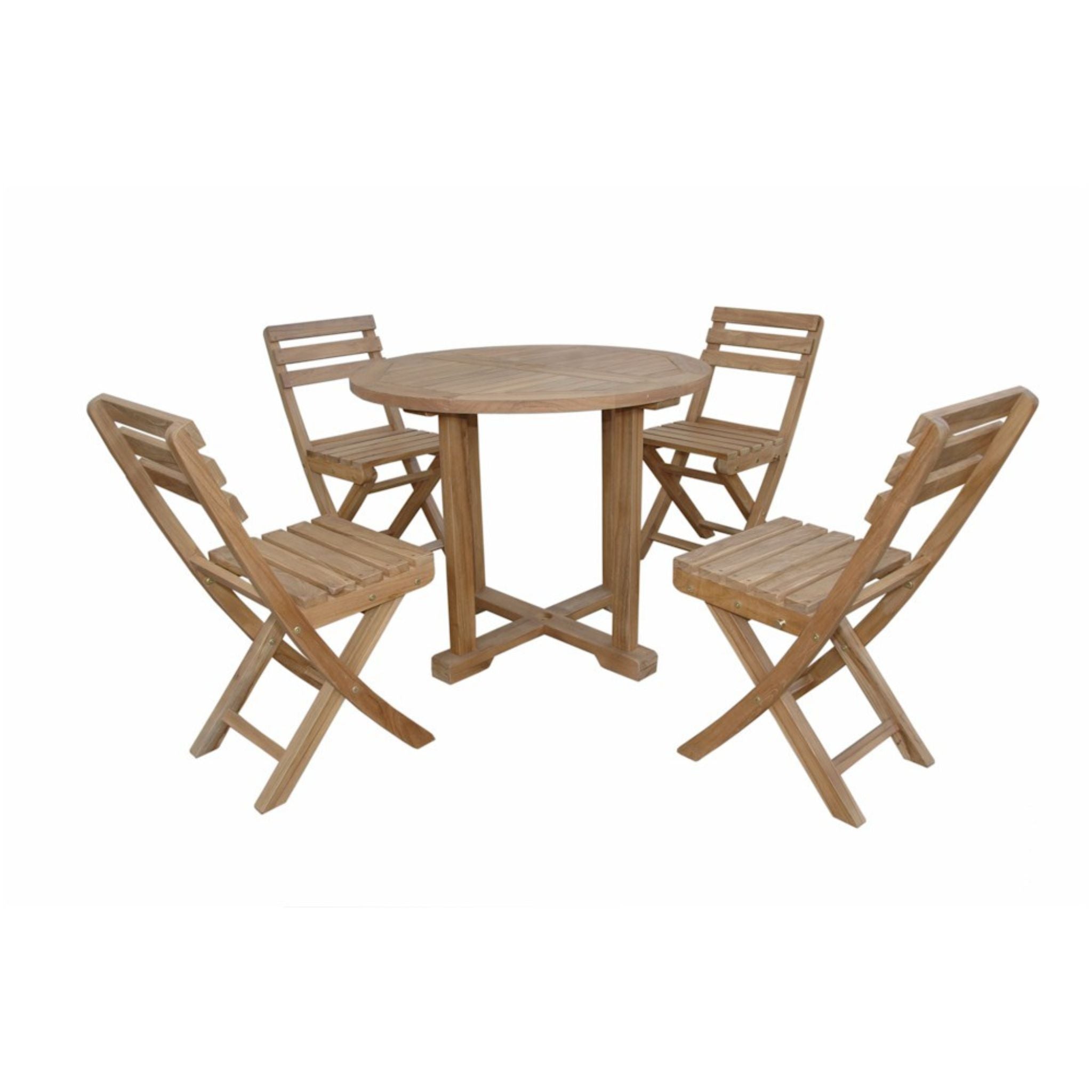 A 5-piece outdoor patio dining set made of natural teak wood, featuring a round table and four folding chairs, shown against a plain white background.