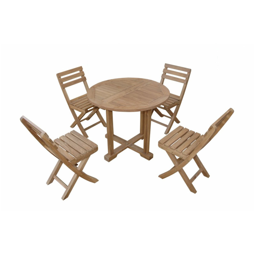A 5-piece outdoor dining set made of natural light brown wood, featuring a round slatted table and four matching folding chairs, shown on a plain white background.