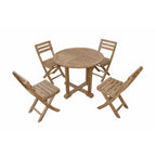 A 5-piece outdoor dining set made of natural light brown wood, featuring a round slatted table and four matching folding chairs, shown on a plain white background.