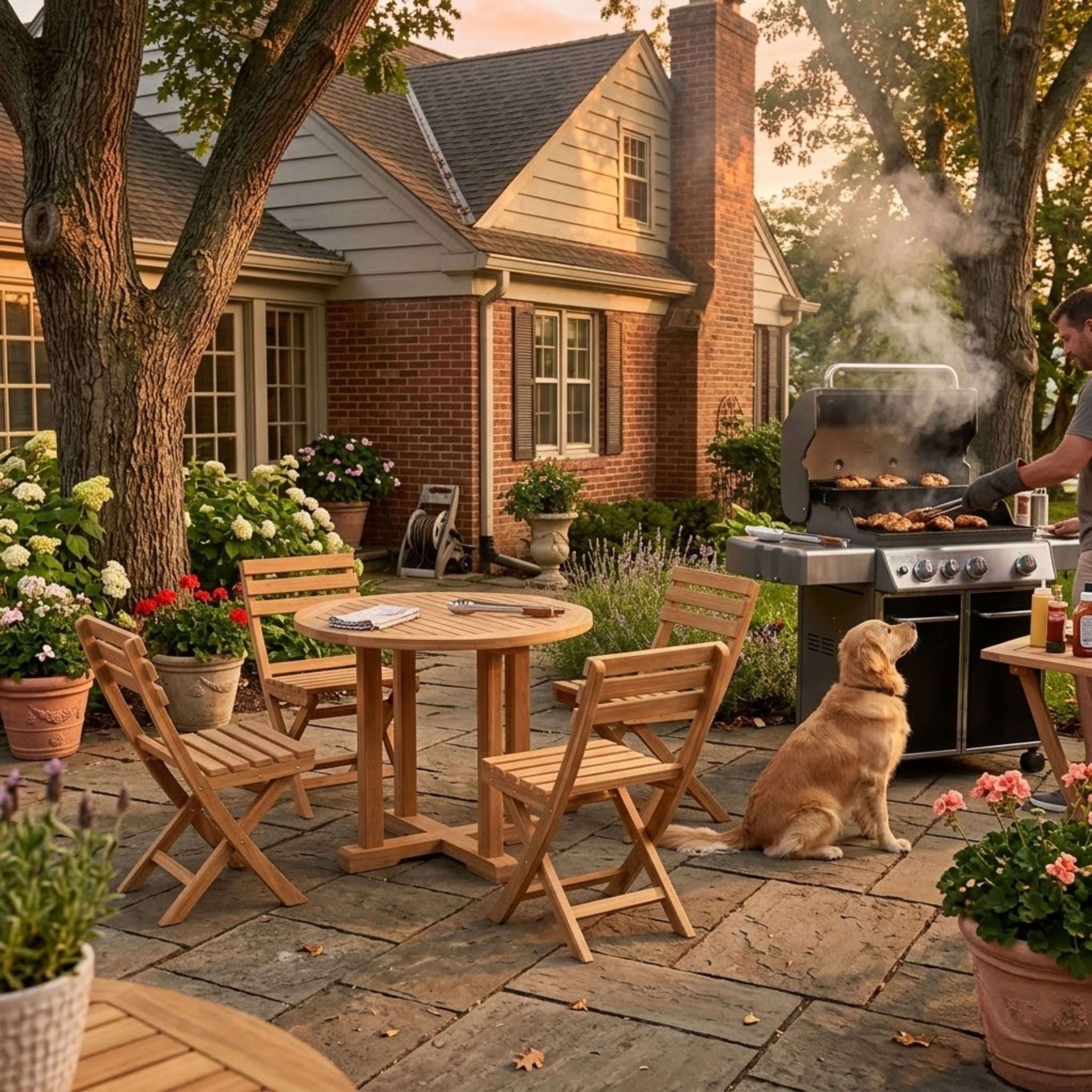 Outdoor patio scene with a grill, table, chairs, and a dog watching the cooking.