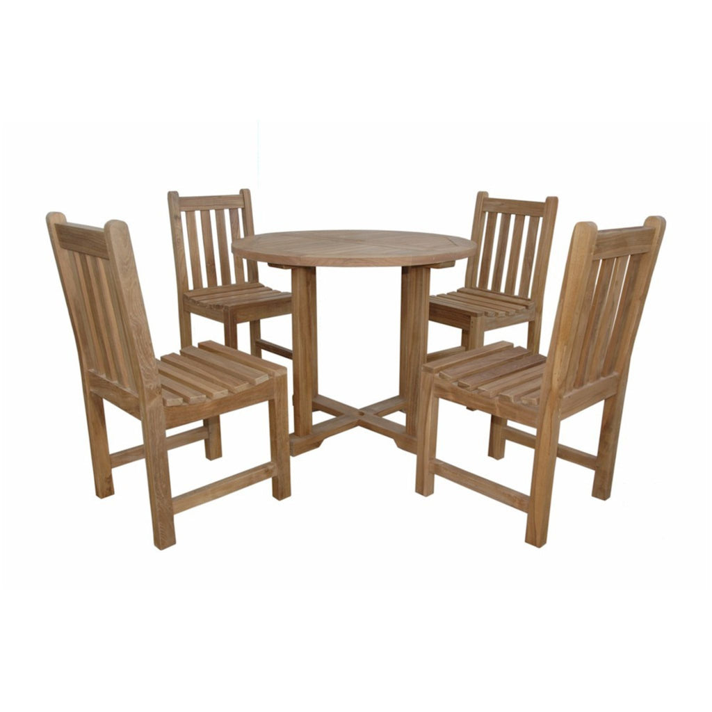 Wooden dining set with a round table and four chairs on a white background
